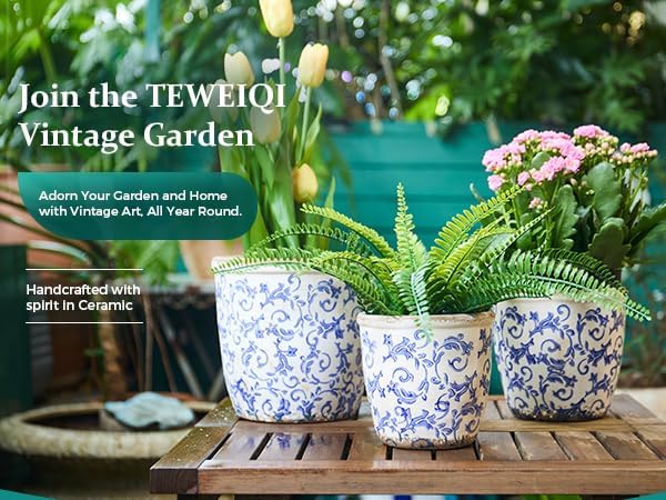 Vintage Ceramic Planter with Drainage Hole, Plastic Tray & Mesh, 5.5 Inch - Indoor/Outdoor Flower Pot, Blue Floral Rustic Farmhouse Design Plant pot for Home, Office & Garden Décor, Ideal Gift