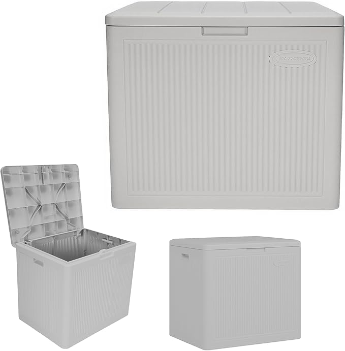 Suncast 22-Gal. Resin Small Outdoor Patio Deck Box with Reeded Design, Modern Outdoor Patio Bench/Storage Box for Cushions, Garden Tools, and More, French Gray