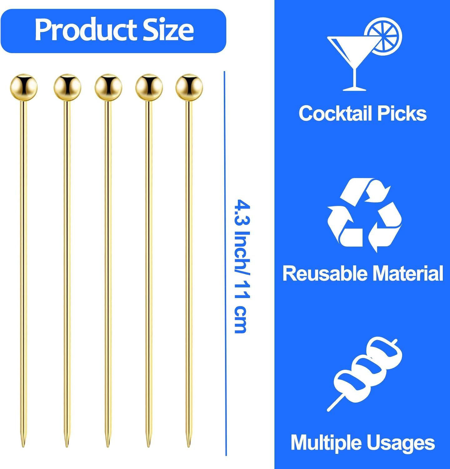 20 PCS Stainless Steel Cocktail Picks 4.3 Inch, Reusable Coctail Skewers | Metal Cocktail Toothpicks Tooth Picks Sticks, Olive Martini Pick for Appetizers Bloody Mary Drink Decor, Gold