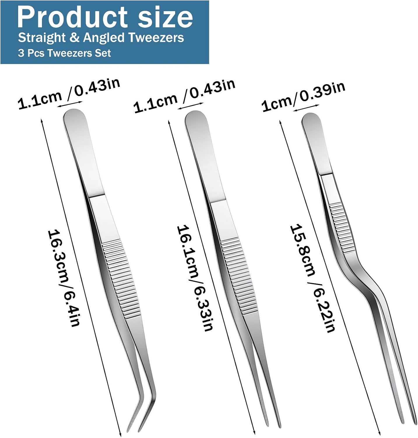 3 Pcs Stainless Steel Tweezers Set, Precision Food Tweezers for Cooking Baking Cake Decoration, Multi-Purpose Kitchen Gardening Jewelry Repair DIY Craft Tools - Silver