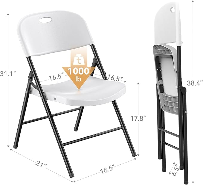 Nazhura 350 Weight Limit Heavy Duty Plastic Folding Chair with Reinfoced Steel Frame for Indoor and Outdoor, Wedding, Party, Restaurant, Meeting Room, Patio and Garden (White, 4 Pack)