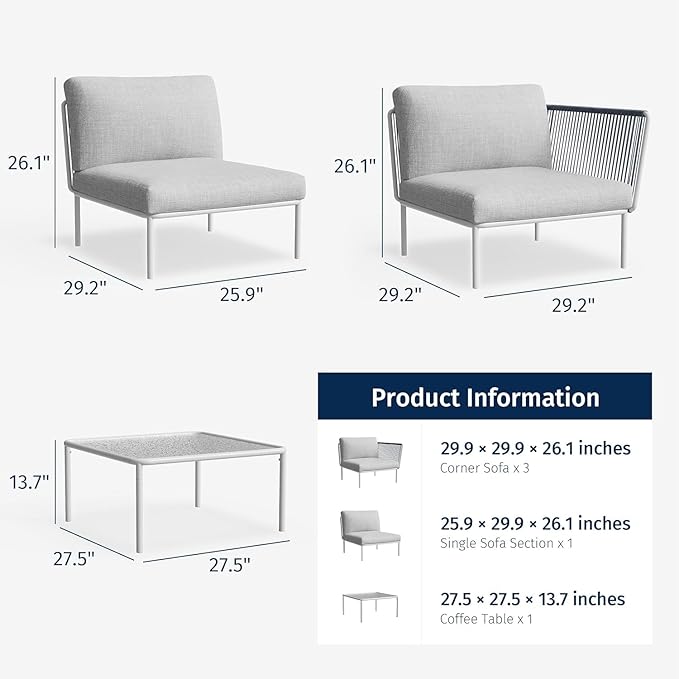 East Oak 5-Piece Outdoor Sectional Sofa, Modular Outdoor Furniture with Waterproof Thick Cushions, Modern Patio Sofa Deep Seating for Outdoor Garden Porch Blackyard, Misty Grey