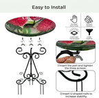 Large Glass Bird Bath with Metal Stand, Hummingbird | 18" Wide Bowl, 3.2" Bathing Depth, Thick Glass Construction, Stable 3-Leg Base, Easy Clean Surface, Garden Decor