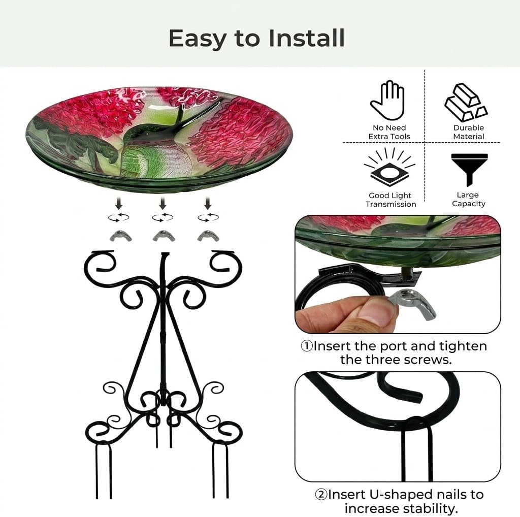 Large Glass Bird Bath with Metal Stand, Hummingbird | 18" Wide Bowl, 3.2" Bathing Depth, Thick Glass Construction, Stable 3-Leg Base, Easy Clean Surface, Garden Decor