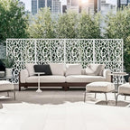 72" metal privacy screen bird pattern, white freestanding, close-up detail