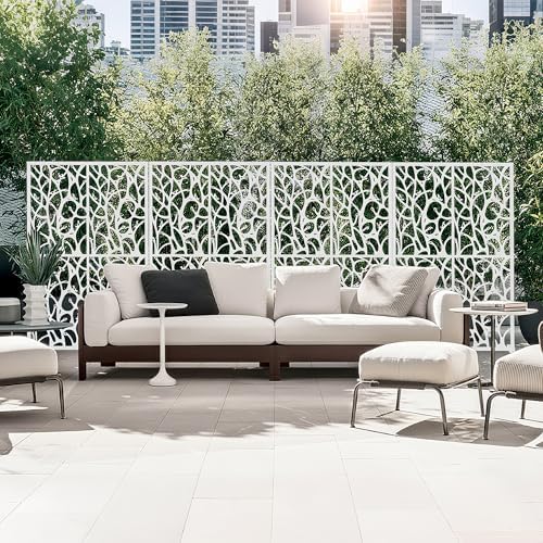 72" metal privacy screen bird pattern, white freestanding, close-up detail