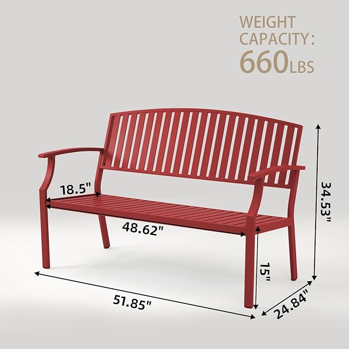 Outdoor Bench Weatherproof Aluminum Patio Garden Bench, Patio Loveseat for Porch Garden Lawn Backyard Park Balcony(Rose Red, 1PC)
