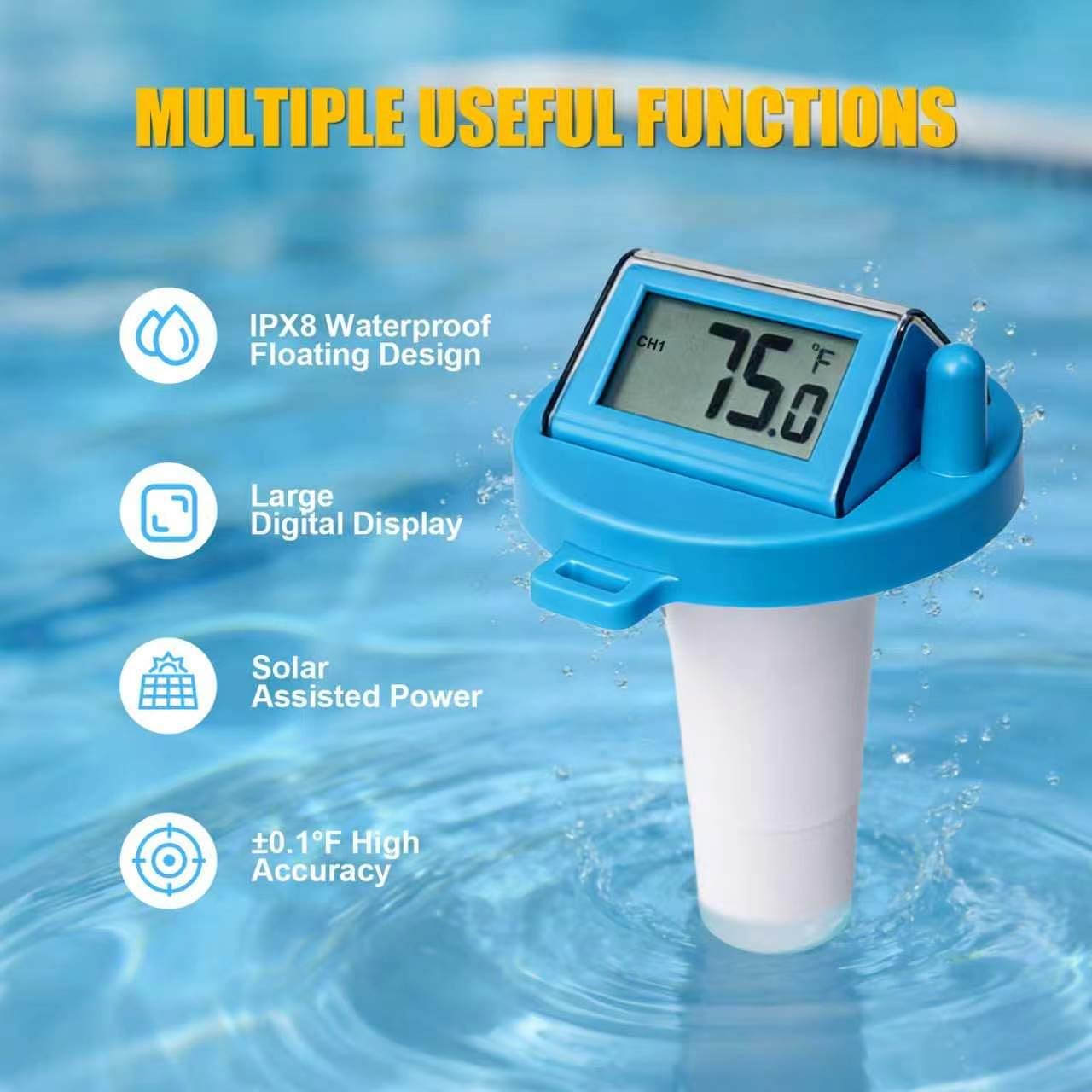 Solar Pool Thermometer Floating,Digital Pool Thermometer,Waterproof IPX8 | Large easy-read display.Includes tether rope for secure floating.Switch between °F/°C. Perfect for pools,hot tubs & ponds