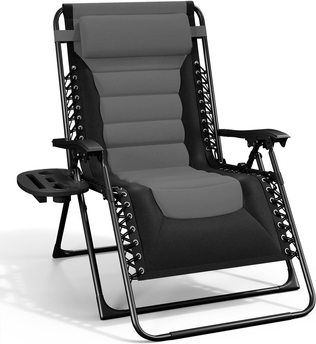 Nestl Padded Oversized Zero Gravity Chair, XL Folding Outdoor Lounge Chair | Adjustable Headrest, Cup Holder & Side Tray, Support 330 LBS, Anti Gravity Reclining, For Patio, Camping & Beach, Black/Grey
