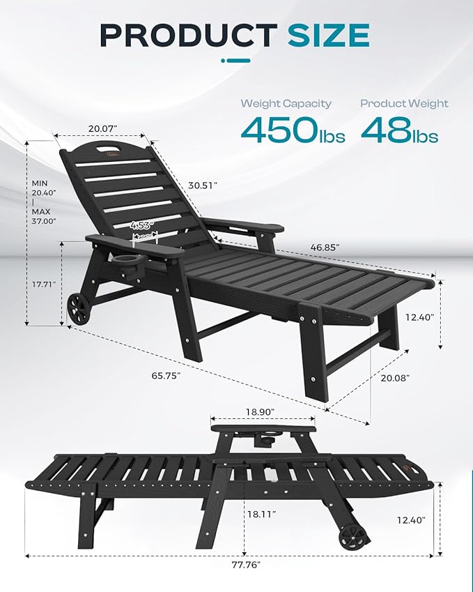 Outdoor Chaise Lounge Chair Set of 2, Patio Lounge Chairs for Outside, HDPE Lounge Chairs with Wheels & Cup Holder, Poly Lounge Chair with 5 Position for Poolside, Deck, Black
