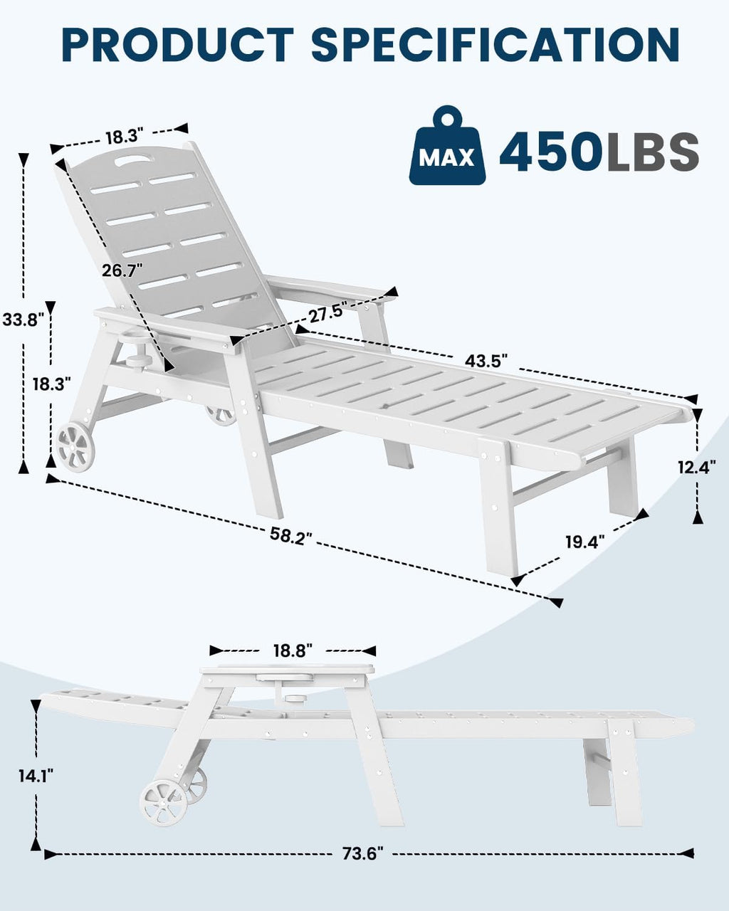Chaise Lounge Chair, HDPE Lounge Chair Outdoor with 5 Positions, Oversized Pool Lounge Chairs with Rolling Wheels & Cup Holder for Poolside Deck Backyard, White