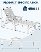 Chaise Lounge Chair, HDPE Lounge Chair Outdoor with 5 Positions, Oversized Pool Lounge Chairs with Rolling Wheels & Cup Holder for Poolside Deck Backyard, White