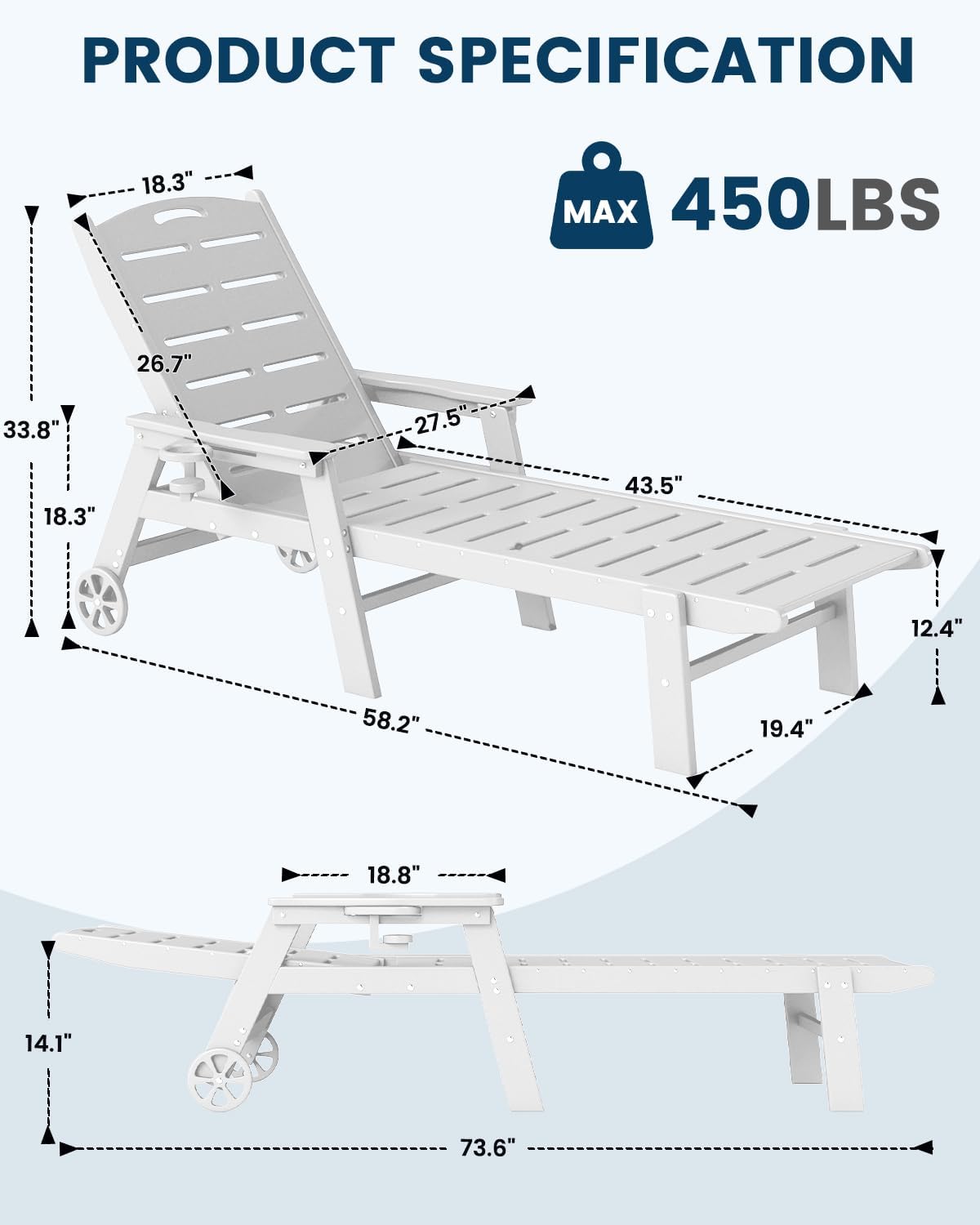 Chaise Lounge Chair, HDPE Lounge Chair Outdoor with 5 Positions, Oversized Pool Lounge Chairs with Rolling Wheels & Cup Holder for Poolside Deck Backyard, White