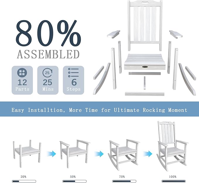 Oversized Rocking Chair Set of 4, Outdoor Rocking Chair for Adults, All Weather Resistant Porch Rocker for Lawn Garden, White
