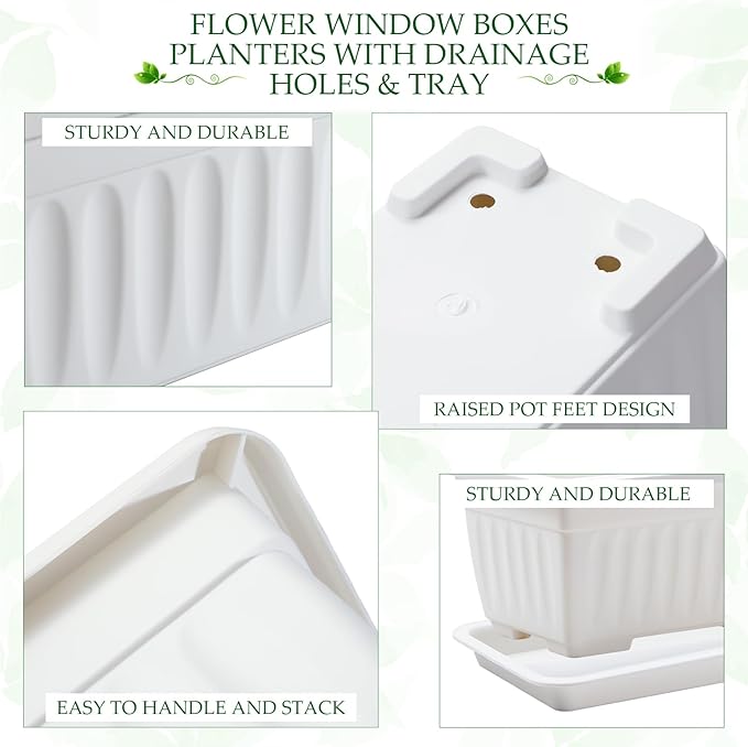 6 Packs 23 Inch Window Flower Box Extra Large Window Sill Herb Garden Long Rectangle Planter Plastic Boxes Outdoor with Drainage Trays Boxes for Balcony Windowsill Patio Garden