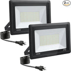 100W LED Flood Lights Outdoor, 2pack 10000lm Bright Led Work Light with Plug, 6500k Daylight White Outdoor LED Lights, IP66 Waterproof Patio Lighting