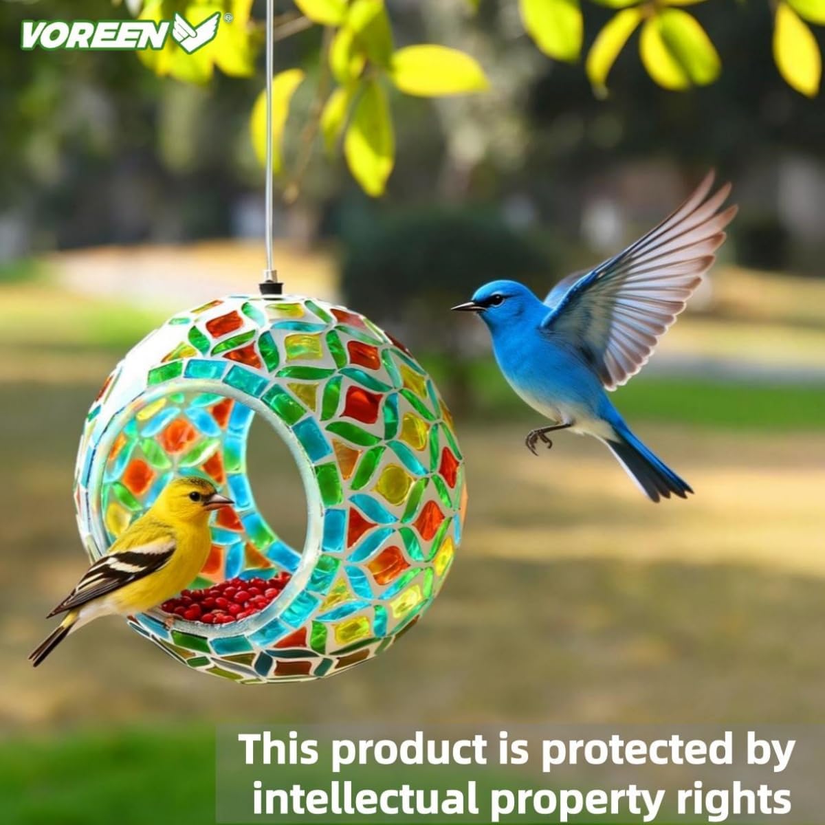 VOREEN Mosaic Glass Bird Feeder, Handcrafted Hanging Fly-Through Feeder for Outdoor Garden & Backyard, Decorative Wild Bird Feeder with Steel Wire Cable – Natural Blue & Green Mosaic Style