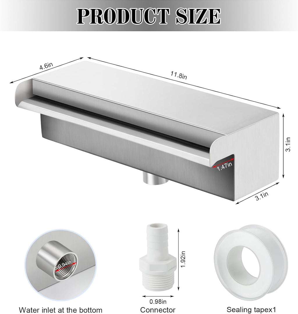 Waterfall Pool Fountain 304 Stainless Steel 11.8" Rectangular Waterfall Spillway for Pools, Fountains,Pond and Spa's