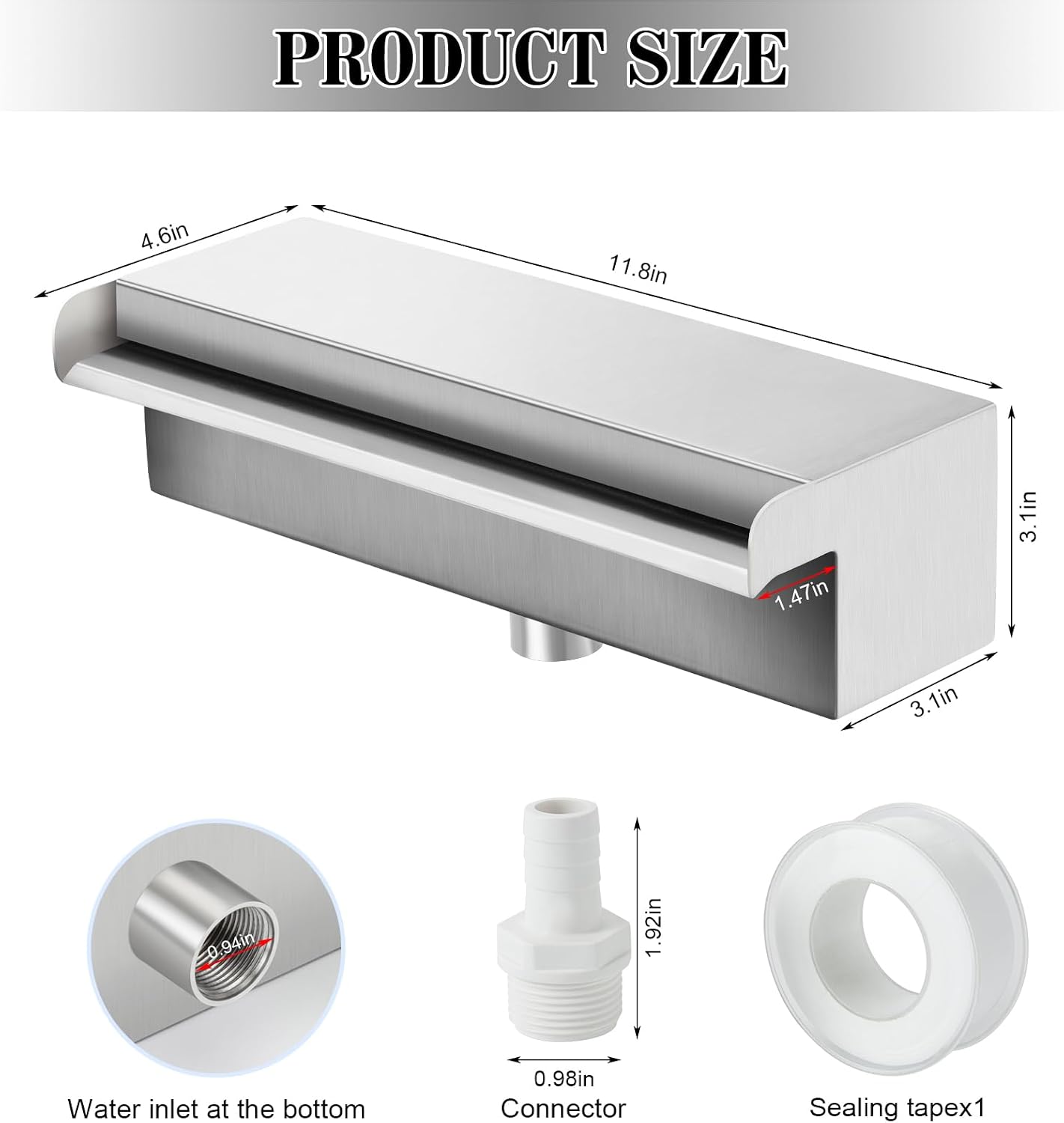 Waterfall Pool Fountain 304 Stainless Steel 11.8" Rectangular Waterfall Spillway for Pools, Fountains,Pond and Spa's