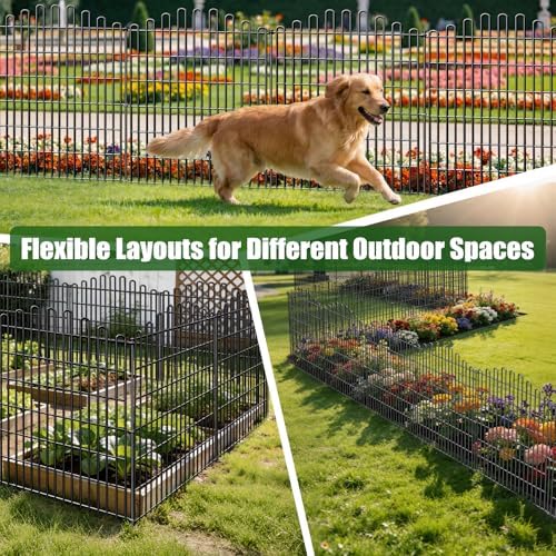 10 panels no dig decorative garden fence, dog, front angle view