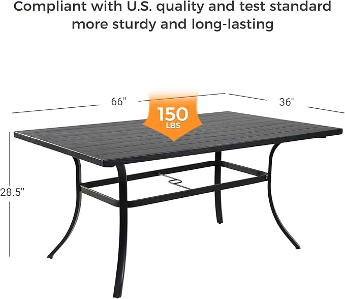 Grand patio Outdoor Dining Set, 7-Piece Patio Table and Chairs Set, Metal Woven Wicker Fixed Patio Chairs with Thickened Cushions & 1 Rectangular Woodgrain Dining Table with Umbrella Hole (Black)