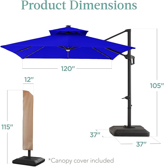 Best Choice Products 10x10ft Cantilever Patio Umbrella w/Base Included, Solar LED Lights 360 Rotation Large Offset Hanging Outdoor Shade for Deck Pool Backyard w/Stand – Resort Blue