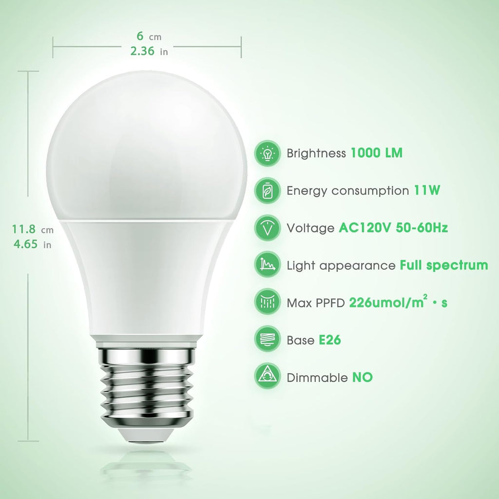 Grow Light Bulbs, LED Grow Light Bulb A19 Bulb, Full Spectrum | Grow Light Bulb, Plant Light Bulbs E26 Base, 11W Grow Bulb 100W Equivalent,Grow Light for Indoor Plants,Seed Starting, 2Pack