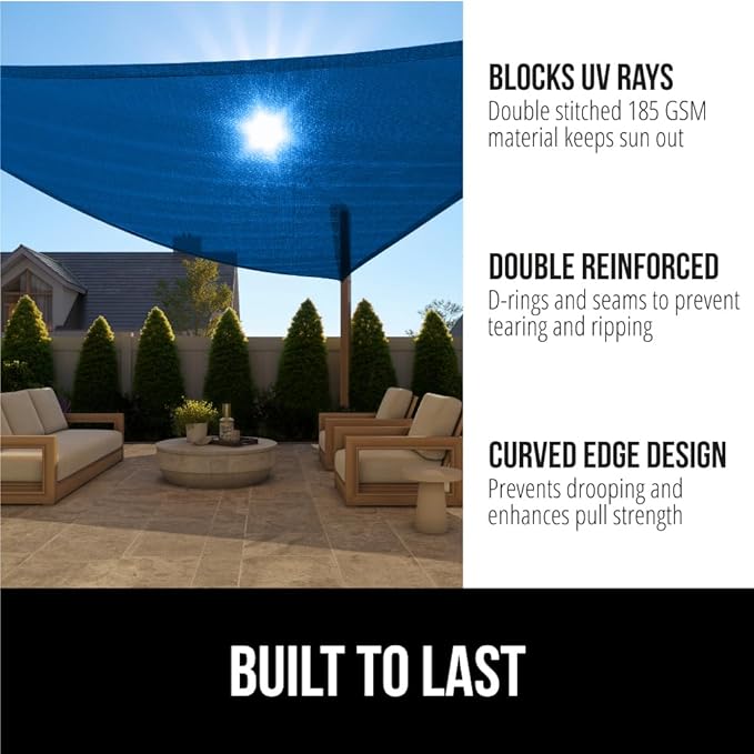 GORILLA GRIP Heavy Duty Sun Shade, UV Protection Fade Tear and Rust Resistant Rectangle Sunshade Canopy, Curved Edges Blocks Sunlight, Breathable Sail, Outdoor Patio, Lawn Garden, 12x12x12, Blue