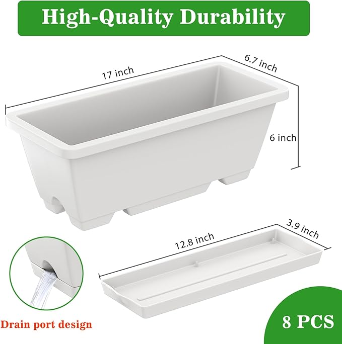 8pcs Rectangle Window Boxes Planters, 17 Inches Long Window Sill Planter Box Outdoor, Plastic Rectangular Window Flower Herb Pots Indoor with Drainage Holes and Trays for Garden Windowsill