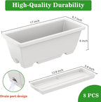 8pcs Rectangle Window Boxes Planters, 17 Inches Long Window Sill Planter Box Outdoor, Plastic Rectangular Window Flower Herb Pots Indoor with Drainage Holes and Trays for Garden Windowsill