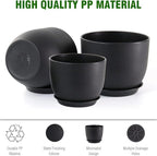 12/10/9 inch Big Flower Pots, 3 Pack Modern Decorative Plastic Planters with Drainage Holes and Tray, Plant Pots for Indoor Outdoor Plants, Black