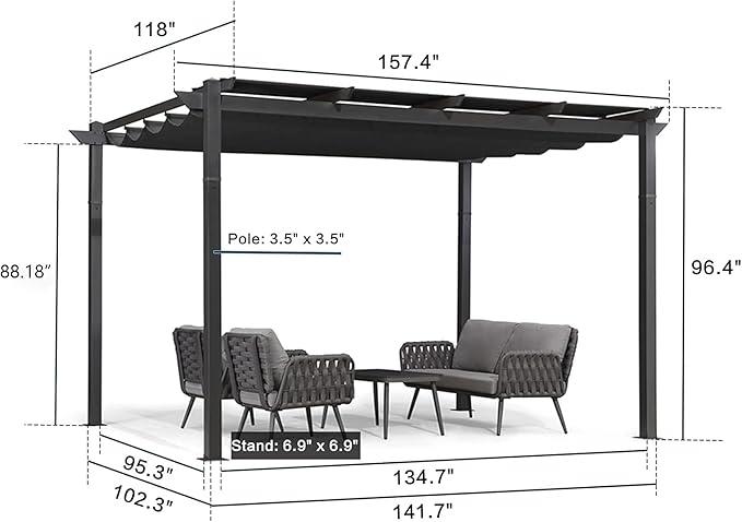 PURPLE LEAF 10' x 13' Aluminum Outdoor Pergola Wind-Resistant Retractable Pergola with Double Sun Shade Canopy Heavy-Duty Metal Pergola for Patios Backyard Deck Garden, Grey