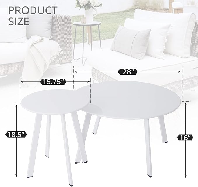 Patio Outdoor Coffee Table Set of 2 - Weather Resistant Outdoor Round End Table Modern Coffee Tables for Living Room Balcony Home Office (White)