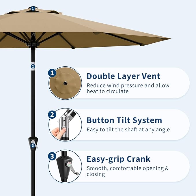 Garvee 10FT Patio Umbrella - Outdoor Table Umbrella with Smooth Crank Lift, Push Button Tilt and 8 Sturdy Ribs - Market Umbrella UV Protection Waterproof for Pool, Deck, Yard, Garden (Tan)