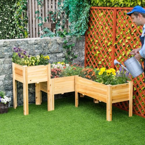 outsunny raised garden bed set of 3, wooden shown in use