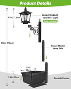 2 in 1 Outdoor Flower Pots, 35” Solar Lamp Post Light with Planter, Metal Pole & IP65 Waterproof, Freestanding Outdoor Planters, Decorative Solar Lamp for Outside, Front Door, Yard, 1-Pack