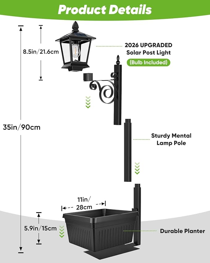 2 in 1 Outdoor Flower Pots, 35” Solar Lamp Post Light with Planter, Metal Pole & IP65 Waterproof, Freestanding Outdoor Planters, Decorative Solar Lamp for Outside, Front Door, Yard, 1-Pack