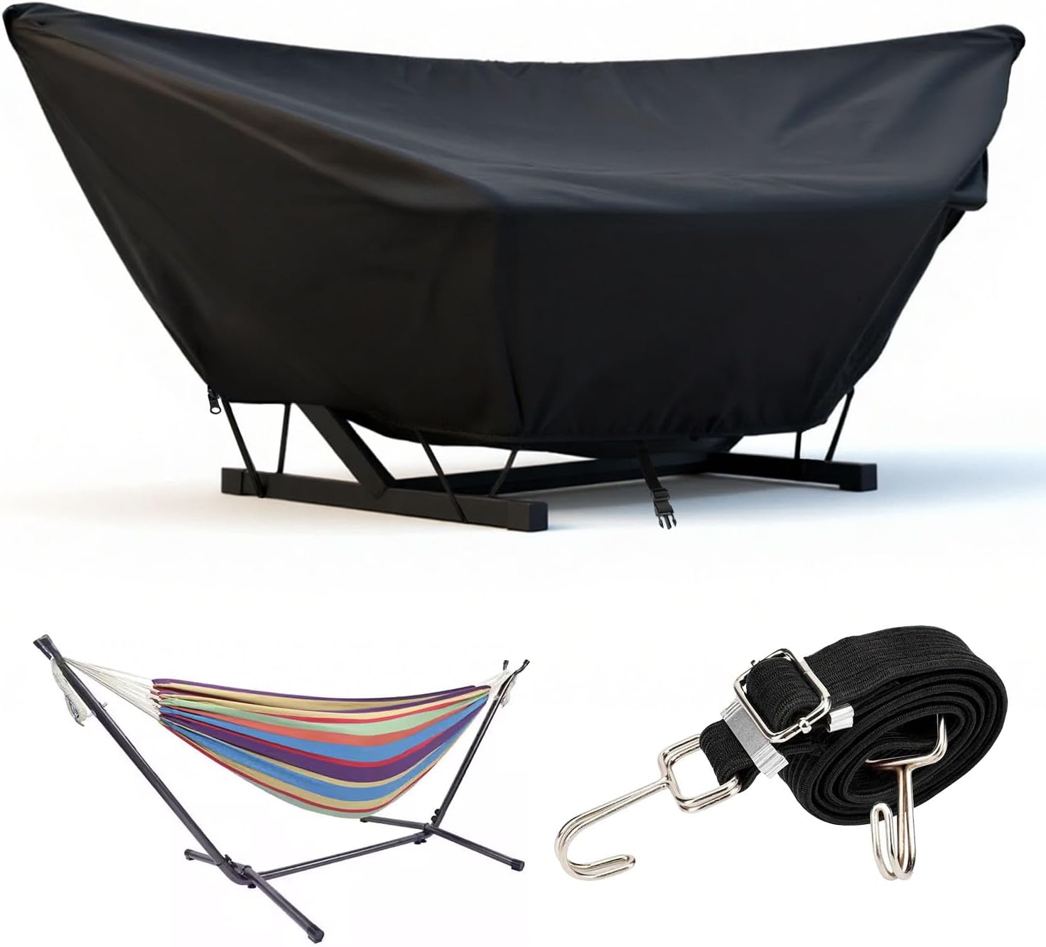 Outdoor Hammock Cover with Zip and Elastic Ropes, Heavy Duty 420d Hammock Covers with Adjustable Buckle, for Outdoor Universal Hammocks, Waterproof, Windproof (15FT,Black)
