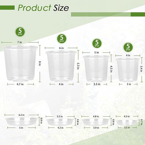 4/5/6/7 Inch Clear Nursery Pots for Plants with Sacuers 20 Pack, Plastic Flower Pots with Drainage Holes, Variety Pack Seedlings Garden Pot for Indoor Outdoor (4+5+6+7 inch)