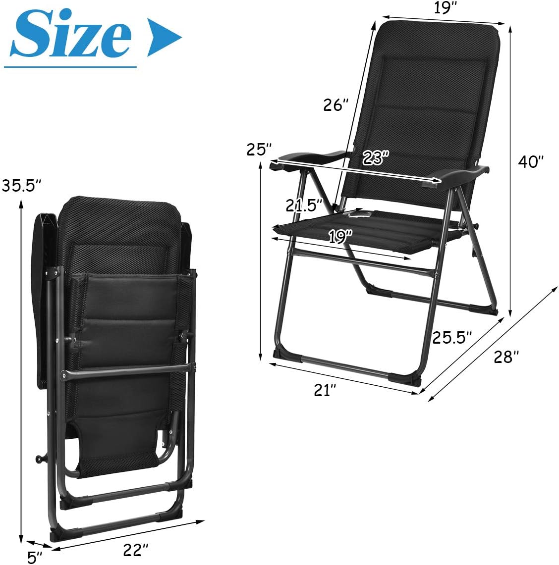 Giantex Set of 2 Patio Chairs, Folding Chairs with Adjustable Backrest, Outdoor Sling Chairs for Bistro, Deck, Backyard, Armchair with Padded Seat, 300 lbs Capacity (2, Black)
