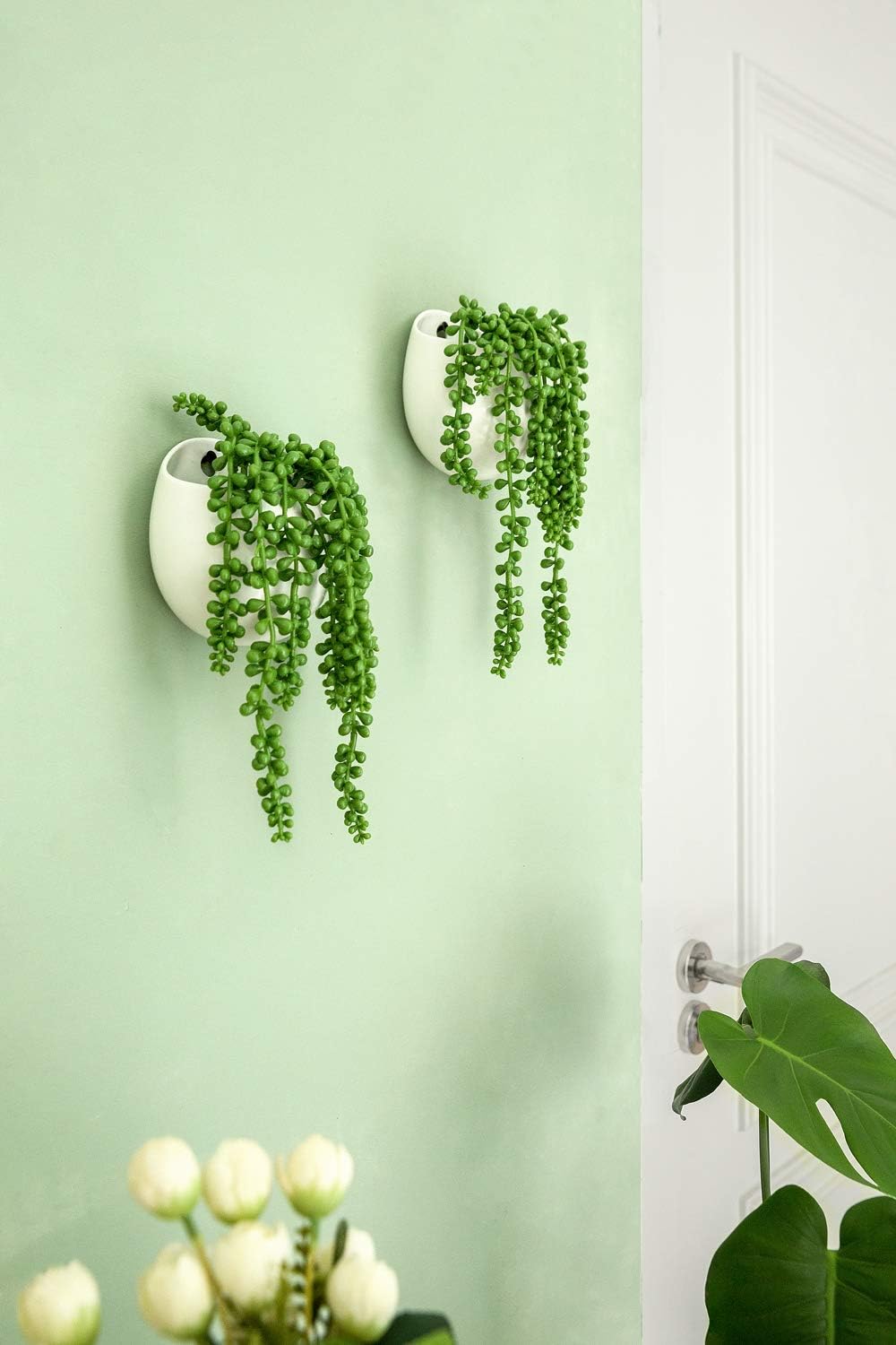 Dahey Small Wall Planters, 2 Pack Ceramic Holder with Artificial Succulents | No Watering Easy Care, Wall Mounted Plant Pot, Fits Real Succulents, PVC String of Pearls, No Drainage Holes, Indoor Decor