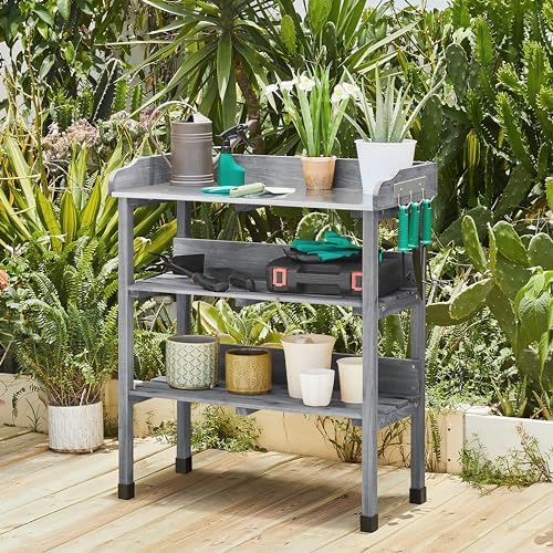 yaheetech potting bench outdoor console table w/3-tier storage,gray, close-up detail