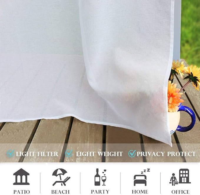 RYB HOME Sheer Outdoor Curtains - 2 Panels Waterproof Curtains White Sheer Privacy Linen Look Voile Drapes for Porch Pavilion Garden Lawn Corridor Sun Room Decor, 2 Tiebacks, W 54 x L 108 inch Long