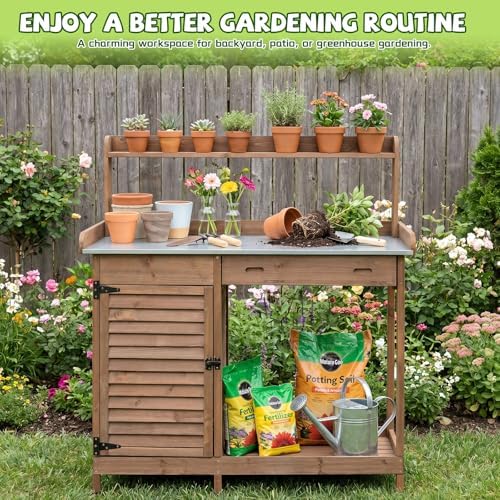 ketive outdoor potting bench with storage, 41-inch metal on a desk or shelf
