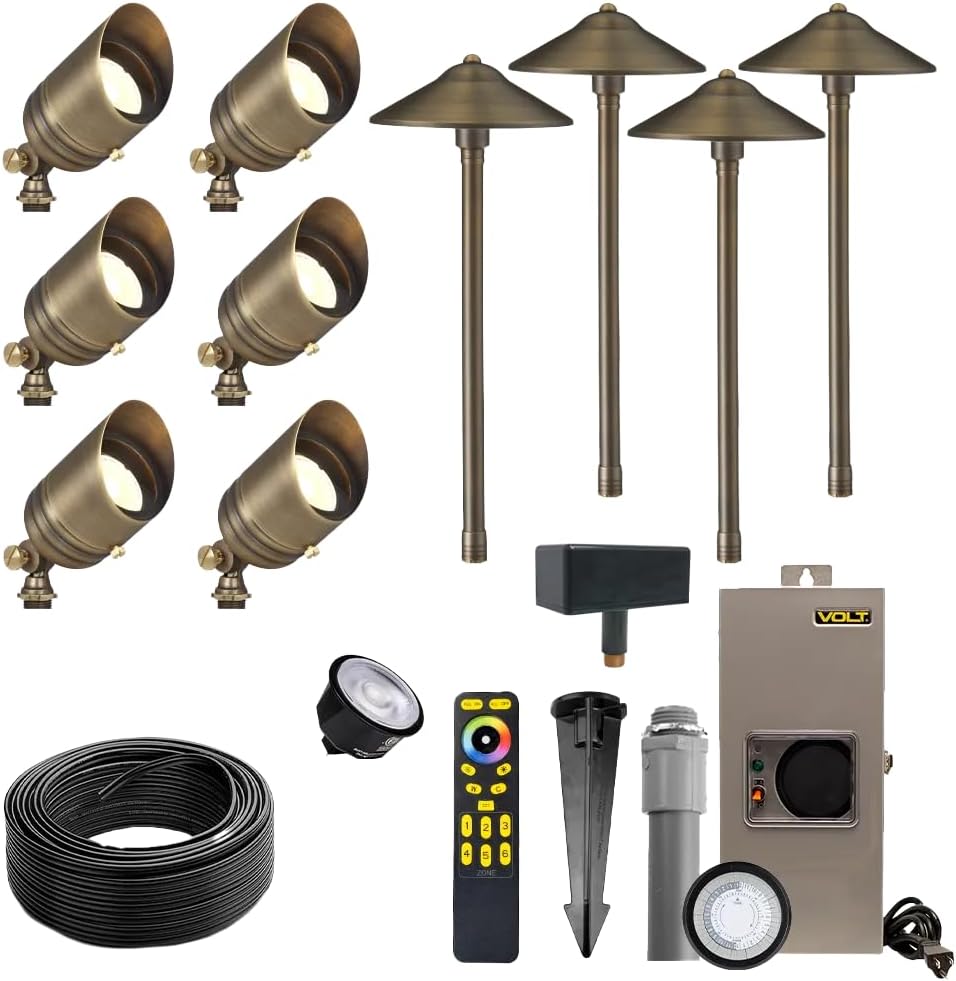 VOLT 12V RGBCW LED Landscape Lighting Kit (6 Spotlights, 4 Path Lights) | Solid Brass, Bronze Finish, Color Changing, RGBCW, 150W Low Voltage Transformer & Remote Control Included