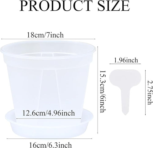 5 Set 7 Inch Transparent Plastic Garden Pots with Saucer - Planter with Drainage Hole for Indoor and Outdoor Plants - Includes 10 Plant Labels