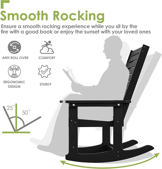 GREENVINES Outdoor Rocking Chairs | Set of 4 | Porch Rocker | HDPE Plastic | Black | Oversized Rockers | High Back | Big & Tall | Ladder Back | for Patio Outside Backyard Balcony Garden