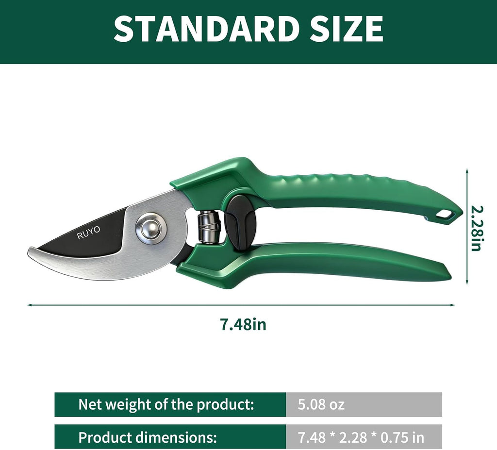 Bypass Pruning Shears, 3/8-Inch Cut Capacity Garden Clippers, Gardening Scissors with Sharp, Rust Resistant Steel Blade (Green, 3/8'')