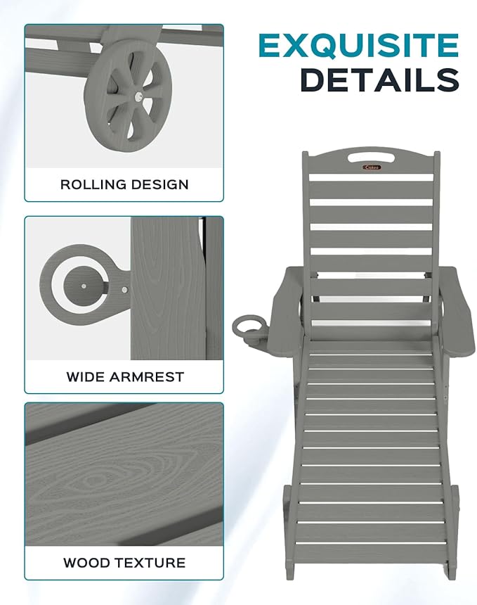 Ciokea Lounge Chair Outdoor, Oversized Chaise Lounge Chair with 5 Positions, HDPE, Patio Lounge Chair with Wheels & Cup Holder for Pool, Deck, Poolside, Grey