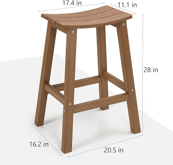 All-Weather Bar Stools Set of 2, 28" Height Outdoor Barstools with 400 lbs Weight Capacity, Looks Like Real Wood, for Bar, Kitchen Counter, Pool, and Patio, Teak